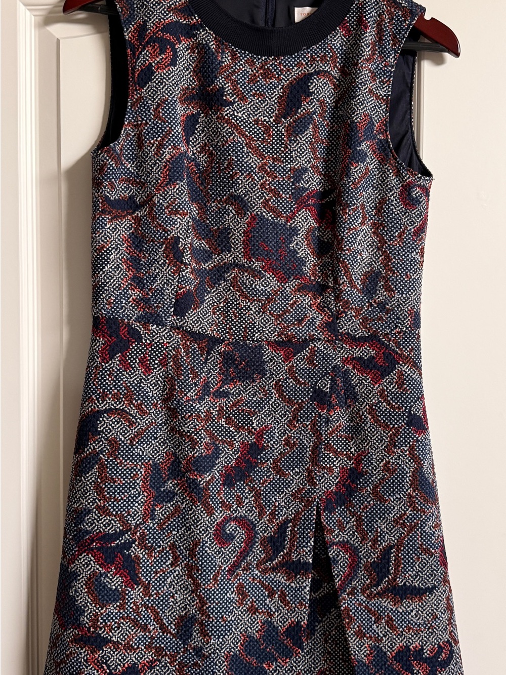Tori Burch Patterned Shift Dress in Navy, Red, and White